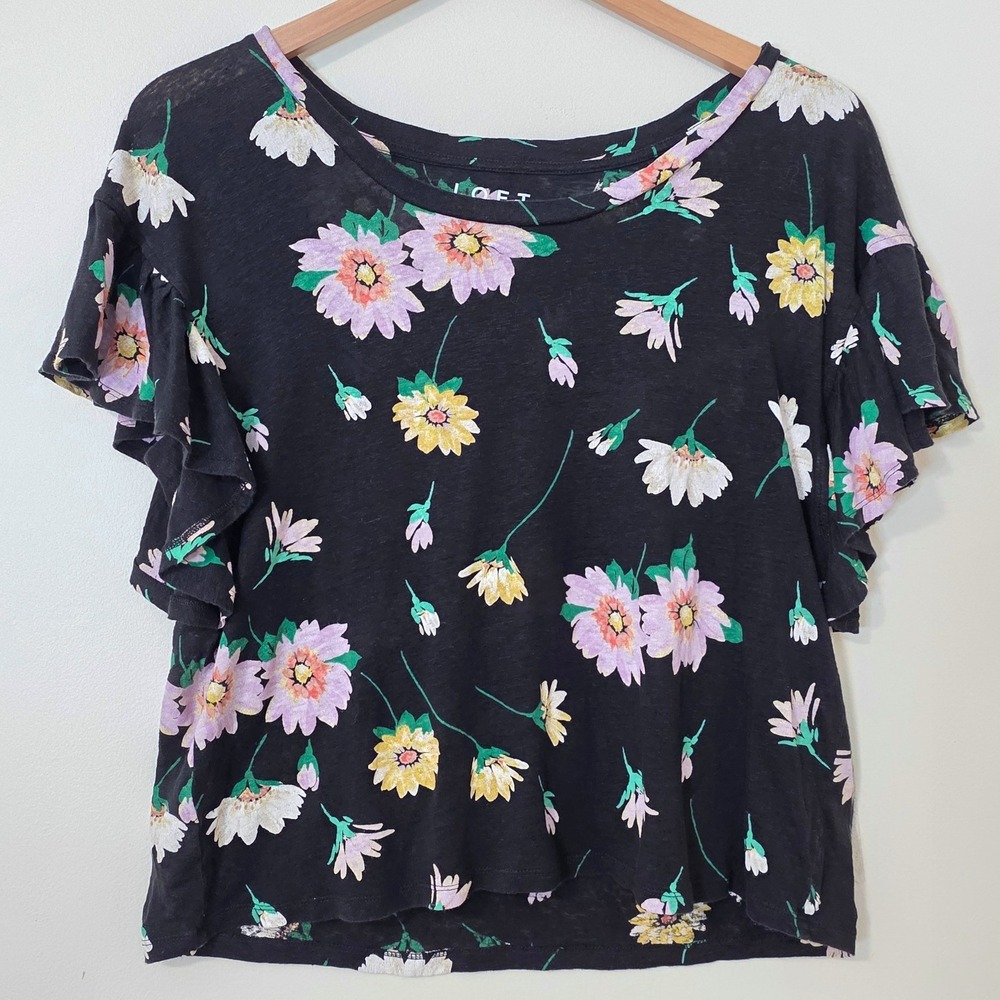 Loft 100% Linen Flutter Sleeve Top Sz M Boxy Dark Floral Daisy Slouchy Oversized